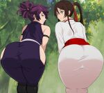  2girls absurdres arm_strap arms_at_sides ass bare_shoulders blush brown_eyes brown_hair closed_mouth day embarrassed forest from_behind grin hair_between_eyes high_ponytail highres huge_ass japanese_clothes jigokuraku kimono leaning leaning_forward long_hair looking_at_viewer looking_back multiple_girls nature ninja non-web_source outdoors parted_lips ponytail purple_eyes purple_hair red_sash revealing_clothes samurai sash short_hair shy side-by-side skin_tight sleeveless smile standing tree white_kimono yamada_asaemon_sagiri yuzuriha_(jigokuraku) 