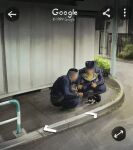  2boys animal black_hair black_jacket black_pants bush cat censored censored_identity clenched_hands commentary diamond_wa_kudakenai fake_screenshot fence full_body gakuran google_maps google_street_view higashikata_josuke highres jacket jojo_no_kimyou_na_bouken lamppost male_focus multiple_boys nijimura_okuyasu outdoors pants photo-referenced pompadour santamanymany school_uniform short_hair sidewalk squatting 