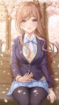  1girl :d absurdres bench black_jacket black_pantyhose blazer blue_eyes blue_ribbon blue_skirt blush brown_hair brown_sweater buttons cardigan cardigan_under_jacket cherry_blossoms collared_shirt commentary_request dappled_sunlight falling_petals fingernails gakuen_idolmaster hatsuboshi_gakuen_school_uniform highres himesaki_rinami idolmaster jacket lap_pillow_invitation legs_together light_blush long_hair looking_at_viewer neck_ribbon open_mouth outdoors pantyhose petals pink_petals pleated_skirt ribbon school_uniform shirt sitting skirt smile solo sulgi_park sunlight sweater tree white_shirt wooden_bench yellow_cardigan 