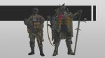  2boys 34composite armor assault_rifle battle_rifle combat_helmet fg42 gun helmet highres load-bearing_vest male_focus mask military_uniform multiple_boys original respirator rifle stg44 sword weapon 