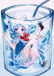  1girl air_bubble bloomers blue_bow blue_dress blue_eyes blue_hair bow bowtie brown_shoes bubble cirno closed_mouth collared_shirt commentary_request cup dress drinking_glass drinking_straw food food_in_mouth full_body hair_bow highres in_container in_cup leg_up pinafore_dress popsicle red_bow red_bowtie shirt shoes short_hair short_sleeves simple_background sleeveless sleeveless_dress socks solo submerged touhou water white_background white_bloomers white_shirt white_socks yu_lian_hane 