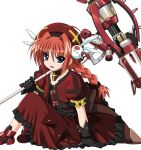  1girl :d beret black_gloves blue_eyes bow braid commentary_request cropped_jacket detached_collar dress gloves graf_eisen graf_eisen_(raketenform) hair_intakes hair_ornament hammer hat higa_yukari highres holding holding_polearm holding_weapon huge_weapon long_hair looking_at_viewer lyrical_nanoha mahou_shoujo_lyrical_nanoha_reflection on_one_knee open_mouth pink_hair polearm puffy_short_sleeves puffy_sleeves red_dress red_hat ribbon short_sleeves simple_background single_braid sleeve_bow smile solo tsurime v-shaped_eyebrows vita_(nanoha) war_hammer weapon white_background wispy_bangs yellow_bow 