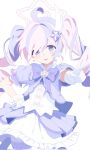  1girl ahoge blue_archive blush bow bowtie commentary_request drill_hair earrings gloves hair_ornament halo highres jewelry long_hair looking_at_viewer magical_girl multicolored_hair open_mouth pink_hair pink_halo puffy_short_sleeves puffy_sleeves purple_bow purple_bowtie purple_eyes purple_hair reisa_(blue_archive) reisa_(magical)_(blue_archive) ryo_chi short_sleeves simple_background skirt solo star_(symbol) star_earrings star_hair_ornament star_halo twin_drills twintails two-tone_hair white_background white_gloves wing_hair_ornament 