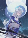  1girl absurdres animal_ears blue_eyes blue_kimono breasts city city_lights cleavage commentary dutch_angle floral_print floral_print_kimono flower fox_ears fox_girl fox_tail frilled_headwear frills full_moon gloves hair_flower hair_ornament highres holding holding_umbrella japanese_clothes kimono lamppost large_breasts m.q_(mqkyrie) maid_headdress moon moonlight otoha_(stella_sora) print_kimono rain reflection reflective_liquid sash solo squatting stella_sora tail thighhighs umbrella white_gloves white_hair white_headdress white_thighhighs 