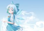  1girl aqua_eyes aqua_hair blue_background blue_bow blue_skirt blue_vest bow breasts cirno closed_mouth collared_shirt commentary cowboy_shot from_side hair_bow highres ice ice_wings lbcirno9 looking_at_viewer looking_to_the_side puffy_short_sleeves puffy_sleeves see-through_clothes see-through_sleeves shirt short_hair short_sleeves skirt small_breasts solo touhou vest wings 