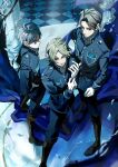  3boys acbi_0706 adjusting_clothes adjusting_gloves ahoge arm_at_side black_boots black_hair blonde_hair blue_eyes blue_jacket blue_pants boots breast_pocket brown_hair buttons checkered_floor closed_mouth column commentary crack cracked_floor curtained_hair emblem falling_petals flower from_above full_body gloves hand_on_own_hip hands_up high_collar highres jacket kashio_yutaka knee_boots kurauchi_kazuki light_particles long_sleeves looking_at_viewer looking_up male_focus military_uniform multiple_boys ouji_kazuaki ouji_squad's_uniform pants pants_tucked_in parted_bangs petals pillar plain_epaulettes pocket purple_eyes red_eyes rose short_hair smile standing white_flower white_gloves white_rose world_trigger 