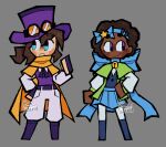  2girls :o a_hat_in_time alternate_costume bad_id bad_tumblr_id bell belt blue_boots blue_bow blue_eyes blue_hairband blue_skirt blue_vest boots bow bow_hairband bow_kid brown_hair cape capelet closed_mouth commentary english_commentary fingerless_gloves full_body gloves goggles goggles_on_headwear green_capelet grey_background hairband hand_on_own_hip hand_up hat hat_kid highres long_sleeves looking_to_the_side medium_hair multiple_girls neck_bell neckerchief open_mouth orange-tinted_eyewear pants pantyhose pear-island ponytail purple_belt purple_boots purple_eyes purple_gloves purple_hat purple_neckerchief purple_vest shirt short_hair sidelocks signature skirt smile star_(symbol) tinted_eyewear top_hat vest watermark white_pants white_pantyhose white_shirt yellow_cape 