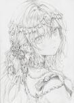  1girl absurdres braid choker commentary_request graphite_(medium) greyscale highres jewelry long_hair looking_at_viewer momoko_(momopoco) monochrome original parted_lips simple_background sketch solo traditional_media white_background 