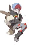  1girl adjusting_eyewear artist_name black_boots black_hoodie black_shorts blue_hair boots closed_mouth dot_mouth eevee eevee_backpack floating from_side full_body glasses grey_eyes hand_in_pocket hand_up highres hood hoodie knees_up long_sleeves looking_at_viewer multicolored_hair pantyhose penny_(pokemon) pleated_skirt poke_ball_print pokemon pokemon_scarlet_and_violet potatomaniaaa print_hoodie print_pantyhose red_hair round_eyewear see-through_clothes see-through_skirt short_hair shorts simple_background skirt solo two-tone_hair white_background 