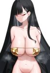  1girl absurdres bikini bikini_top_only black_hair blue_archive bottomless breasts commentary covered_nipples eyepatch_bikini gold_bikini highres large_breasts long_hair looking_at_viewer navel poolpool red_eyes rio_(blue_archive) simple_background solo stomach swimsuit very_long_hair white_background 