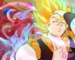  colored_skin dragon_ball dragon_ball_z dragon_ball_z_dokkan_battle eazzionline gogeta hand_on_own_head highres hitting janemba meme motion_blur naoya_hitting_choso_without_looking_(meme) parody red_skin scene_reference stroking_hair super_saiyan super_saiyan_1 