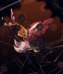  1girl 1other arthropod_girl black_background black_skin brown_background cloak colored_skin commentary english_commentary gears highres hollow_knight hollow_knight:_silksong horned_mask hornet_(hollow_knight) mask oxide_cat red_cloak second_sentinel_(hollow_knight) silk spider_web two-tone_background white_cloak white_mask 