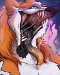  2022 anthro artist_name black_tongue blue_eyes bodily_fluids bust_portrait cheek_tuft chin_tuft dated facial_tuft fangs fur hi_res looking_at_viewer male mouth_shot nude open_mouth orange_body orange_fur orange_tongue portrait pupils saliva saliva_on_tongue saliva_string santanahoffman sergal sharp_teeth simple_background slit_pupils solo teeth tongue tuft white_body white_fur 