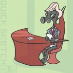  2022 blonde_hair chair clothed clothing desk digital_drawing_(artwork) digital_media_(artwork) digital_painting_(artwork) furniture gas_mask green_background hair hazbin_hotel hi_res holding_object humanoid male mask necktie news news_reporter newspaper reporter shaded signature simple_background simple_coloring simple_shading sitting solo suit sweet.lemons table tom_trench_(hazbin_hotel) 