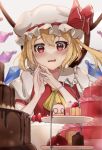  1girl absurdres ascot blonde_hair blush cake collared_shirt crystal drooling flandre_scarlet food hair_between_eyes hat highres long_hair mob_cap mouth_drool open_mouth puffy_short_sleeves puffy_sleeves red_eyes red_vest shirt short_sleeves side_ponytail smile solo touhou vest wheat_retzel white_headwear white_shirt wings yellow_ascot 
