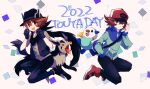  1boy :d bangs black_gloves black_headwear black_pants black_vest boots brown_eyes brown_hair closed_mouth confetti fang gloves grey_shirt hand_in_pocket hand_on_headwear hands_up hat highres hilbert_(pokemon) jacket long_sleeves looking_at_viewer male_focus mightyena multiple_views official_alternate_costume open_mouth oshawott pants pokemon pokemon_(creature) pokemon_(game) pokemon_bw pokemon_ears pokemon_masters_ex red_footwear red_headwear shirt short_hair short_sleeves smile tarai_(yamadarairai) vest white_background zipper_pull_tab 