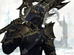  1other ambiguous_gender armor blurry blurry_background breastplate chinese_commentary commentary_request covered_mouth dark_knight_(final_fantasy) day final_fantasy final_fantasy_xiv fray_myste full_armor gauntlets greatsword hand_up helm helmet holding holding_sword holding_weapon looking_afar looking_to_the_side outdoors over_shoulder pauldrons realistic shoulder_armor solo sword upper_body weapon weapon_over_shoulder weibo_logo weibo_username wysswyrst yellow_eyes 