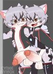 absurd_res balls blush bottomless clone clothed clothing cynxie_(artist) domestic_cat duo eye_contact eyewear fan_character felid feline felis genitals glasses hi_res jacket looking_at_another male male/male mammal partially_clothed penis selfcest square_crossover topwear 