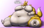  2020 absurd_res anthro bandai_namco belly big_belly big_breasts black_sclera blue_eyes bread breasts deep_navel digimon digimon_(species) digital_media_(artwork) eating english_text featureless_breasts female food fur hand_on_stomach hi_res huge_breasts huge_thighs morbidly_obese morbidly_obese_anthro morbidly_obese_female multicolored_body multicolored_fur navel obese obese_anthro obese_female overweight overweight_anthro overweight_female renamon sitting solo speech_bubble text thick_thighs two_tone_body two_tone_fur viroveteruscy 