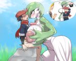  big_breasts blush bodily_fluids bottomless breast_play breasts clothed clothing drooling duo faceless_character faceless_male female frown gardevoir generation_3_pokemon grass green_body humanoid interspecies jealous male male/female multicolored_body nintendo open_mouth outside plant pokemon pokemon_(species) pokephilia saliva sex sitting timaturi titfuck video_games white_body 