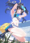  1girl absurdres animal_ears armpits black_eyes black_hair blue_archive blue_skirt blue_sky cheerleader dog_ears dog_girl dog_tail erory6_(ro) eyewear_on_head halo hibiki_(blue_archive) hibiki_(cheerleader)_(blue_archive) highres kneeling long_hair looking_at_viewer midriff navel outdoors shoes skirt sky sneakers sunglasses sweat tail thighs two-tone_skirt white_footwear white_skirt 