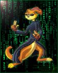  anthro clothing coat daxter digital_media_(artwork) ears_back fighting_pose fingerless_gloves fur gloves handwear jak_and_daxter male mammal mira_hall mustelid naughty_dog orange_body orange_fur ottsel paws pivoted_ears pose semi-anthro solo sony_corporation sony_interactive_entertainment sunglasses_on_face the_matrix topwear trenchcoat video_games 