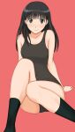  1girl amagami ayatsuji_tsukasa bangs black_eyes black_hair black_socks blunt_bangs breasts closed_mouth commentary_request competition_swimsuit highres long_hair looking_at_viewer one-piece_swimsuit red_background sitting smile socks solo swimsuit takemi_kaoru 