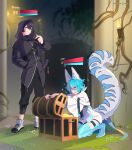  animal_humanoid archon_eclipse black_clothing blue_hair clothed clothing duo felid felid_humanoid gameplay_mechanics grass hair hi_res human humanoid male mammal mammal_humanoid matemi open_mouth open_smile plant shoto_(vtuber) smile torch treasure_chest white_clothing 