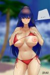  1girl 4_orz bangs beach bikini bikini_lift blurry blurry_background breasts closed_mouth clothes_lift day hair_between_eyes highres large_breasts long_hair looking_away original outdoors ponytail purple_hair red_bikini red_eyes sidelocks solo speech_bubble standing swimsuit tree 