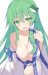  1girl breasts cleavage commentary_request detached_sleeves e.o. frog_hair_ornament green_eyes green_hair hair_between_eyes hair_ornament hair_tubes highres kochiya_sanae large_breasts long_hair looking_at_viewer open_mouth simple_background smile snake_hair_ornament solo touhou white_background white_sleeves 