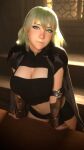  1girl 3d absurdres arm_guards breasts byleth_(fire_emblem) byleth_(fire_emblem)_(female) cape cleavage crop_top desk enlightened_byleth_(female) fire_emblem fire_emblem:_three_houses green_eyes green_hair highres j9006 leaning_forward looking_at_viewer short_shorts shorts solo sunlight window 