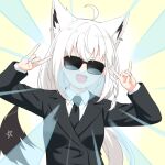  1girl absurdres ahoge animal_ear_fluff animal_ears arm_up bangs black_necktie black_suit blue_heart braid breasts collared_shirt commentary_request double_fox_shadow_puppet earrings extra_ears felutiahime formal fox_ears fox_girl fox_shadow_puppet fox_tail hair_between_eyes heart highres hololive jewelry long_hair looking_at_viewer necktie open_mouth pentagram shirakami_fubuki shirt sidelocks simple_background single_braid small_breasts solo suit sunglasses tail v-shaped_eyebrows virtual_youtuber white_background white_hair white_shirt 