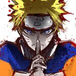  1boy blonde_hair blue_eyes commentary facial_mark forehead_protector headband highres jumpsuit konohagakure_symbol looking_at_viewer male_child male_focus naruto naruto_(series) ninja orange_jumpsuit serious short_hair simple_background sketch solo spiked_hair sukeno_yoshiaki uzumaki_naruto whisker_markings white_background 