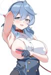  1girl absurdres ako_(blue_archive) areola_slip armpits bangs blue_archive blue_eyes blue_hair breasts collar covered_nipples covering_nipples hair_between_eyes highres hong_hongcha huge_breasts leash looking_at_viewer open_mouth sideboob smile solo upper_body white_background 