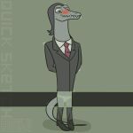  2022 anthro blush blush_lines clothed clothing digital_drawing_(artwork) digital_media_(artwork) digital_painting_(artwork) disney footwear genitals grey_body hi_res lizard long_neck long_tail male necktie panties penis poking_out reptile scalie shaded shadow shirt shoes signature simple_background simple_coloring simple_eyes simple_shading smile solo standing star_vs._the_forces_of_evil suit sweet.lemons tall teeth toffee_(svtfoe) topwear underwear xray_view yellow_eyes 