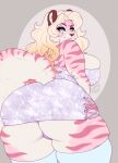  anthro blonde_hair blue_eyes clothed clothing felid female fur hair hi_res legwear long_hair looking_at_viewer looking_back mammal missy_(artist) pantherine pink_body pink_fur simple_background skindentation smile smiling_at_viewer solo striped_body stripes thigh_highs tiger underwear 