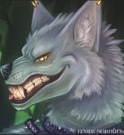  anthro canid canine collar ear_piercing ear_ring grey_werewolf grin hybrid male mammal nordulv piercing ragnor ring_piercing smile solo were werecanid werecanine werewolf yellow_eyes 