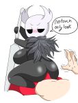  anthro big_butt blush bodily_fluids boxers_(clothing) butt clothing female gesture handshake hollow_knight human male male/female mammal neiliousdyson on_lap protagonist_(hollow_knight) red_boxers red_clothing red_underwear shaking sitting_on_lap size_difference sweat sweatdrop team_cherry thick_thighs underwear vessel_(species) video_games weapon 