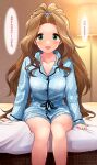  1girl arm_support bangs bare_legs blurry blush breasts brown_hair feet_out_of_frame forehead green_eyes hanamasa_ono highres idolmaster idolmaster_million_live! indoors lamp long_hair looking_at_viewer nikaidou_chizuru on_bed pajamas parted_bangs polka_dot polka_dot_pajamas sitting small_breasts smile solo translation_request very_long_hair 