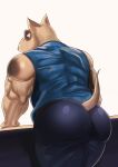  anthro big_butt blue_pupils bottomwear bull_terrier butt canid canine canis clothed clothing domestic_dog furgonomics goldlightyou hi_res hunting_dog male mammal muscular muscular_anthro muscular_male pants pupils raised_tail rear_view shirt simple_background sleeveless_shirt solo terrier topwear white_background 