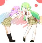  2girls alina_gray aqua_eyes bangs belt_pouch blunt_ends blush bow bowtie breasts green_hair hair_between_eyes hair_ornament hair_ribbon hair_rings kneehighs long_hair loose_bowtie loose_socks magia_record:_mahou_shoujo_madoka_magica_gaiden mahou_shoujo_madoka_magica masu_gitsune medium_hair misono_karin multicolored_hair multiple_girls open_mouth orange_ribbon paint_stains parted_bangs parted_hair pouch purple_eyes purple_hair rag red_wristband ribbon sakae_general_school_uniform school_uniform shirt side-tie_shirt sidelocks sleeves_rolled_up small_breasts socks star_(symbol) star_hair_ornament straight_hair streaked_hair two_side_up white_socks wristband 