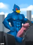  absurd_res anthro avian balls big_penis bird blue_body bodily_fluids building city crush destruction erection falco_lombardi gasmaskfox genital_fluids genitals hi_res macro male nintendo penis precum star_fox video_games worship 