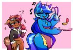  &lt;3 antennae_(anatomy) anthro blue_body blue_fur blue_hair blush bottomwear breasts brown_body brown_fur brown_hair cleavage clothed clothing cooking dress equid equine eyes_closed eyewear female fur goggles group hair horn horse jacket jewelry long_hair long_tail love mammal navel necklace nelljoestar pants pony shirt singing smile topwear trio unicorn unknown_species 