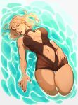  1girl afloat blonde_hair breasts cleavage cleavage_cutout clothing_cutout hair_between_eyes halterneck highres lipstick makeup medium_breasts mole mole_under_eye navel navel_cutout one-piece_swimsuit original parted_lips seiha_(tipsytrains) solo swimsuit tipsytrains wet 