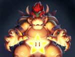  1boy armlet bowser bracelet claws evil_grin evil_smile floating floating_object glowing grin highres horns jewelry looking_at_object mario_(series) power_star_(mario) red_hair shell smile solo spiked_armlet spiked_bracelet spiked_shell spikes ssj_sophia the_super_mario_bros._movie watermark 