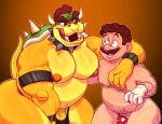  alva_nsfw anthro belly biceps big_belly big_breasts blush bodily_fluids bottomwear bowser breasts bulge claws clothed clothing collar crouching darkened_genitalia digital_media_(artwork) duo erection facial_hair genitals gloves green_body green_scales hair handwear hi_res horn human koopa male male/male mammal mario mario_bros muscular mustache navel nervous nervous_smile nintendo nipples open_mouth orange_body overweight overweight_male penis pubes raised_tail red_hair scales scalie sharp_teeth shell simple_background smile spikes suntan sweat teeth the_super_mario_bros_movie thick_thighs thong tongue underwear video_games wristband 