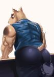  anthro big_butt black_nose blue_body blue_fur blue_pupils bottomwear bull_terrier butt canid canine canis clothed clothing domestic_dog duo fur furgonomics goldlightyou hi_res humanoid_hands hunting_dog male mammal markings muscular muscular_anthro muscular_male pants prank pupils raised_tail rear_view shirt simple_background sleeveless_shirt smile spots spotted_markings terrier topwear unaware white_background 