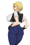  android_18 ass black_gloves blonde_hair blue_eyes denim dragon_ball dragon_ball_(classic) earrings gloves hand_on_hip highres jeans jewelry looking_at_viewer looking_back matsuri_(araiyuutoo) medium_hair necklace pants pearl_necklace shirt short_sleeves standing white_background white_shirt 