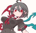  1girl ahoge asymmetrical_wings black_hair blue_wings breasts closed_mouth covered_navel houjuu_nue large_breasts looking_at_viewer massakasama red_eyes red_wings short_hair simple_background slit_pupils solo touhou upper_body white_background wings 