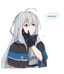  ... 1girl ^^^ ahoge arknights ascot bangs black_capelet capelet cropped_torso grey_ascot grey_hair hand_on_own_cheek hand_on_own_face highres long_hair looking_away looking_to_the_side red_eyes skadi_(arknights) solo speech_bubble spoken_ellipsis upper_body zuo_daoxing 